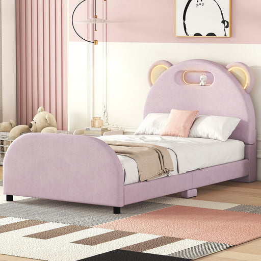 Twin Pink Velvet Platform Bed with Bear-Shaped Headboard and Embedded Lights lowrysfurniturestore