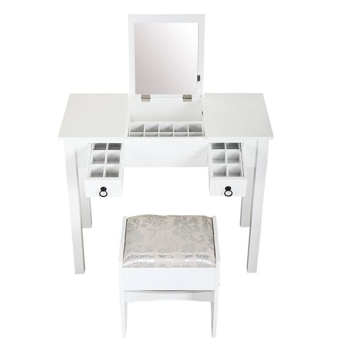 Vanity Set Table with Flip Top Mirror, Makeup Dressing Table with 2 Drawers, 3 Storage Organizers Dividers, Cushioned Stool, White