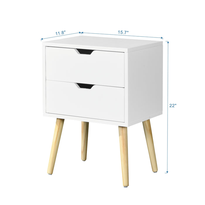 Side Table with 2 Drawer and Rubber Wood Legs, Mid-Century Modern Storage Cabinet for Bedroom Living Room Furniture, White | lowrysfurniturestore
