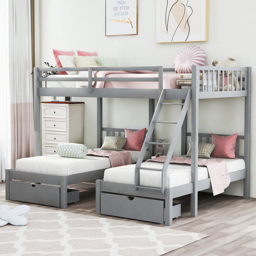 Gray Wood Full Over Twin & Twin Bunk Bed Triple Bunk Bed with Drawers and Guardrails lowrysfurniturestore