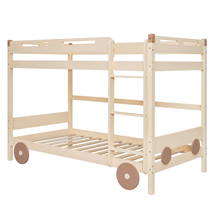 Twin Size Car-Shaped Convertible Bunk Bed, White, Natural+Brown