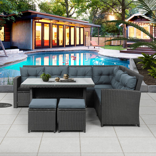 6 pc Black Patio Furniture Set Outdoor Sectional Sofa with Glass Table lowrysfurniturestore
