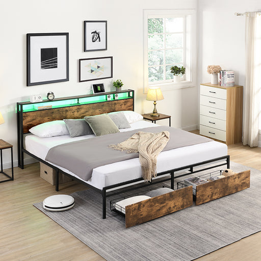 Full Bed Frame Storage Headboard 2 Storage Drawers with Charging Station and LED Lights lowrysfurniturestore