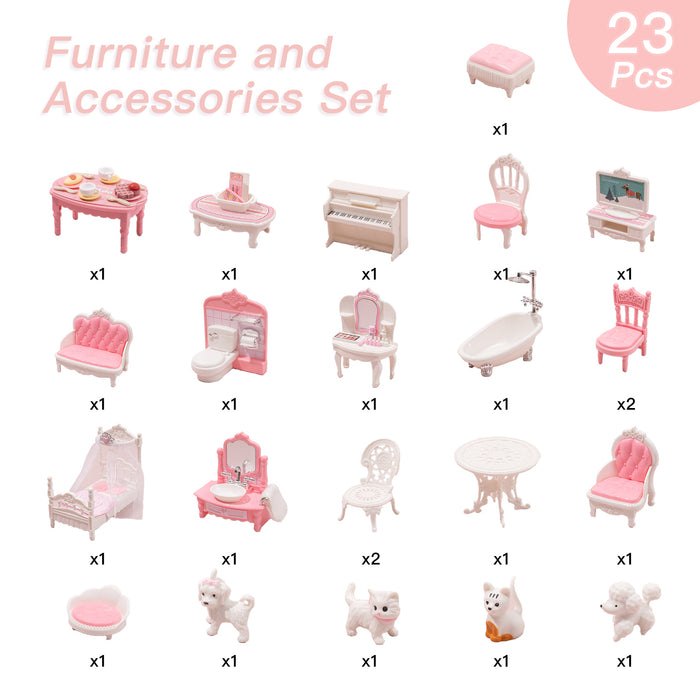 Wooden Dollhouse for Kids with 24 pcs Furniture Preschool Dollhouse House Toy for Kids，S