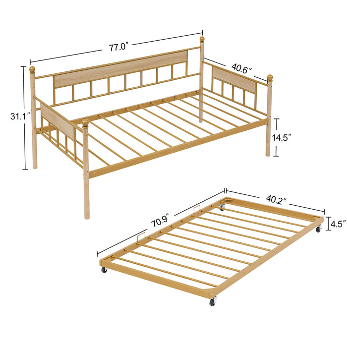 Daybed, sofa bed metal framed with trundle twin size, golden, 77'' L x 40.6'' W x 14.5''H