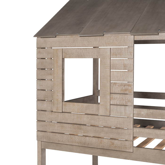 Twin Over Twin Bunk Bed Wood Loft Bed with Roof, Window, Guardrail, Ladder (Antique Gray) (OLD SKU :LP000062AAN)