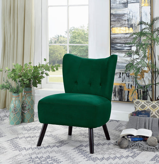 Unique Style Green Velvet Covering Accent Chair Button-Tufted Back Brown Finish Wood Legs Modern Home Furniture lowrysfurniturestore