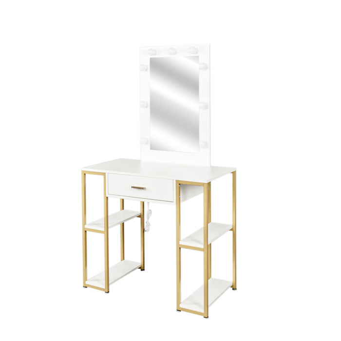 White modern simple vanity, solid metal frame construction, 9 LED lights illuminate makeup mirror, adjustable brightness