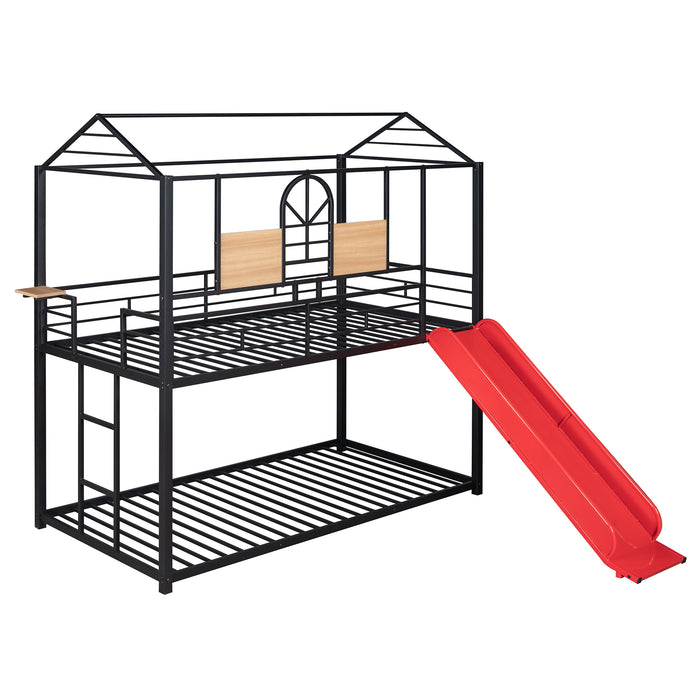 Twin Over Twin Metal Bunk Bed ,Metal Housebed With Slide,Three Colors Available.(Black with Red Slide)(OLD SKU :LP000095AAJ)