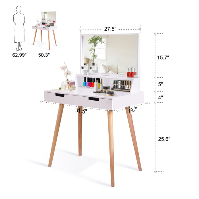Wooden Mirror Vanity Desk Makeup Table,White