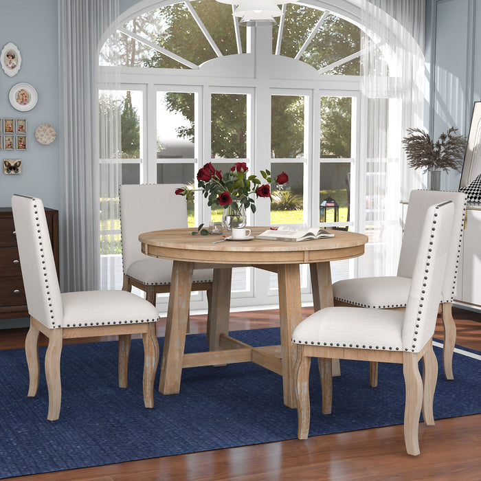 5-Piece Farmhouse Dining Table Set Wood Round Extendable Dining Table and 4 Upholstered Dining Chairs (Natural Wood Wash)