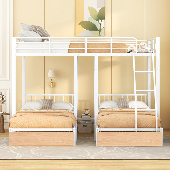 White Full Over Twin & Twin Bunk Bed Metal Triple Bunk Bed with Drawers and Guardrails | lowrysfurniturestore