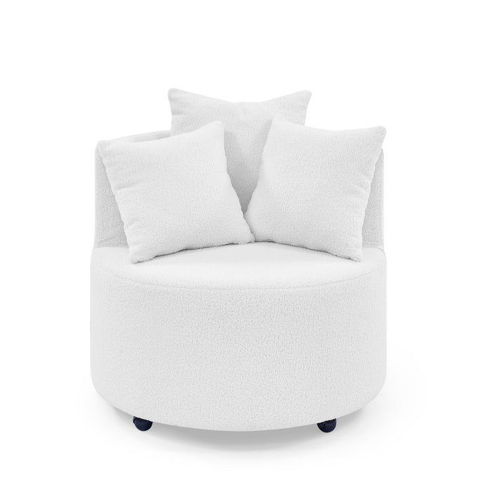 Teddy Fabric Swivel Accent Backchair Upholstered Luxury Lounge Chair for Living Room Bedroom, with Movable Wheels, Including 3 Pillows,White