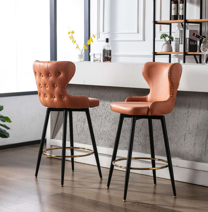 29" Modern Leathaire Fabric bar chairs,180° Swivel Bar Stool Chair for Kitchen,Tufted Gold Nailhead Trim Gold Decoration Bar Stools with Metal Legs,Set of 2 (Orange)