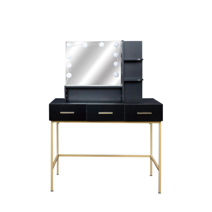 Black modern minimalist vanity, solid metal frame construction, large storage space, 10 LED lights illuminate makeup mirror, adjustable brightness