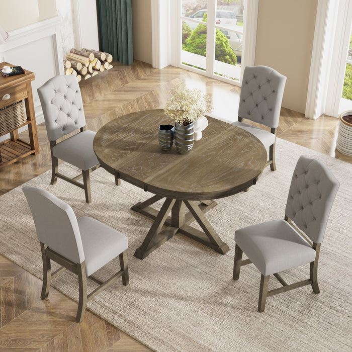 Functional Furniture Retro Style Dining Table Set with Extendable Table and 4 Upholstered Chairs for Dining Room and Living Room(Natural Wood Wash)