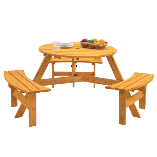 6 Person Natural Circular Outdoor Wooden Picnic Table with 3 Built-in Benches lowrysfurniturestore