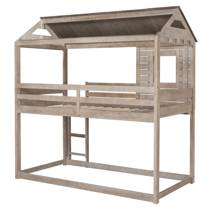 Twin Over Twin Bunk Bed Wood Loft Bed with Roof, Window, Guardrail, Ladder (Antique Gray) (OLD SKU :LP000062AAN)