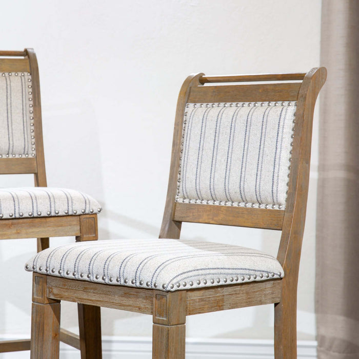 30" Bar Stool, Rustic Gray Finish, Gray Stripe Fabric Seat