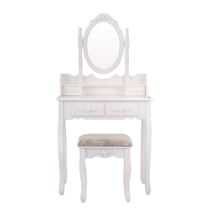 Vanity Table and Chair Set, Makeup Dressing Table with 360-degree-rotating Mirror and 4 Drawers, Thick Padded Stool - White