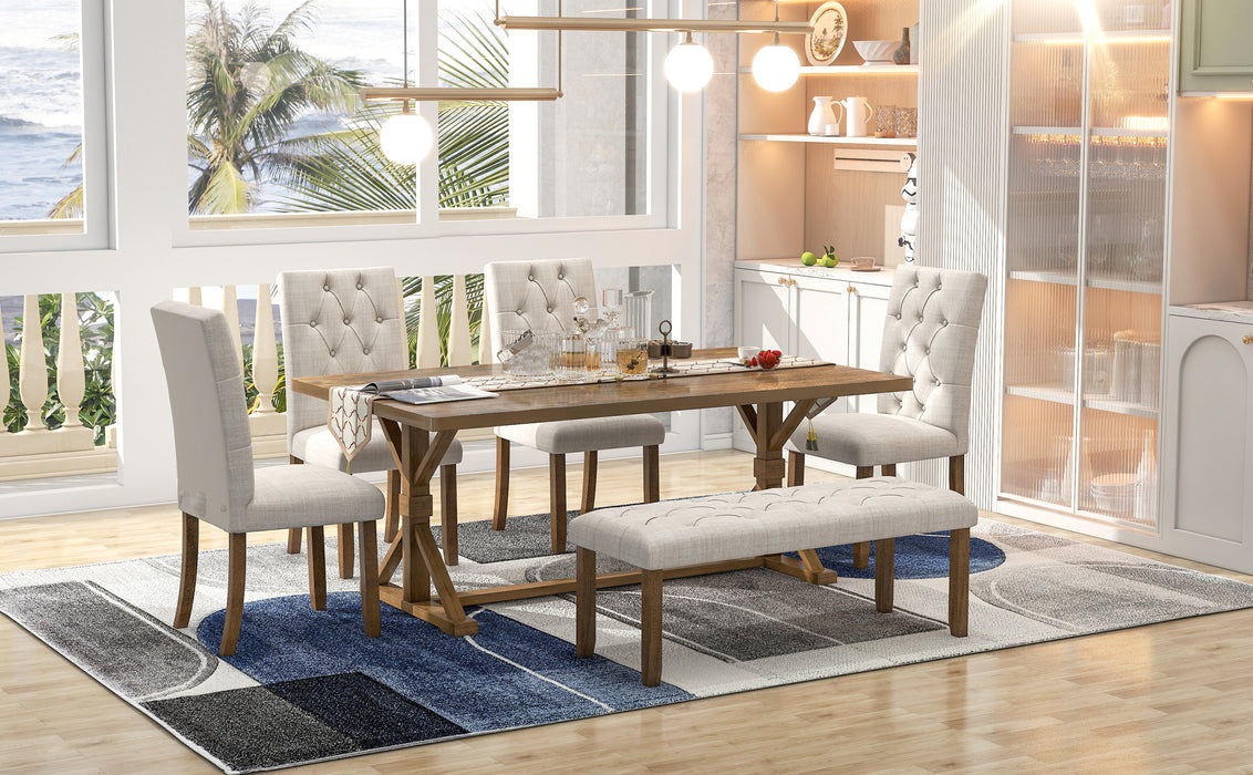6-Piece Farmhouse Dining Table Set 72" Wood Rectangular Table, 4 Upholstered Chairs with Bench (Walnut)