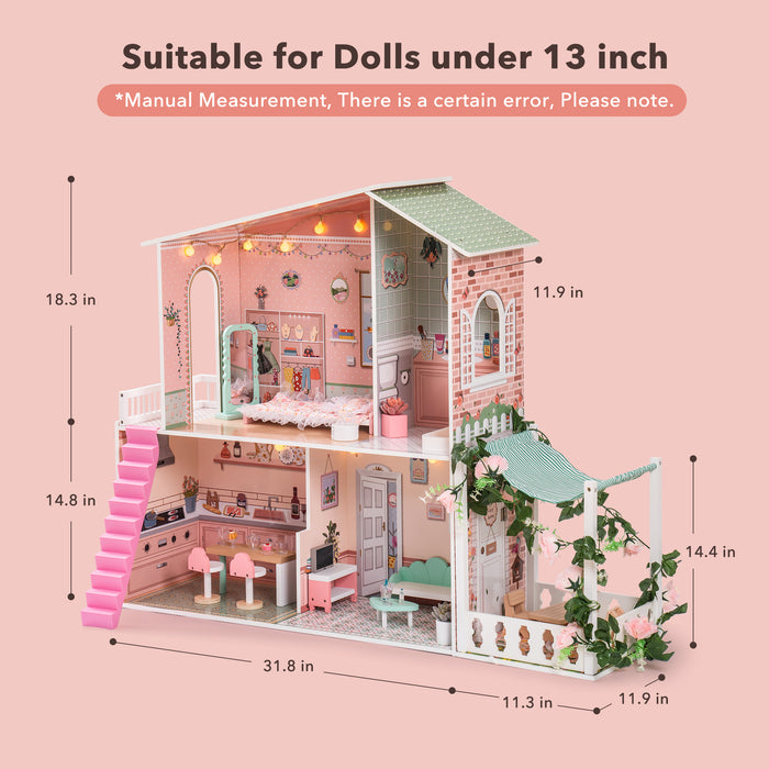 Stylish Dollhouse with Garden, Great Gift for Birthday, Christmas, for 3+Kids, Green&Pink