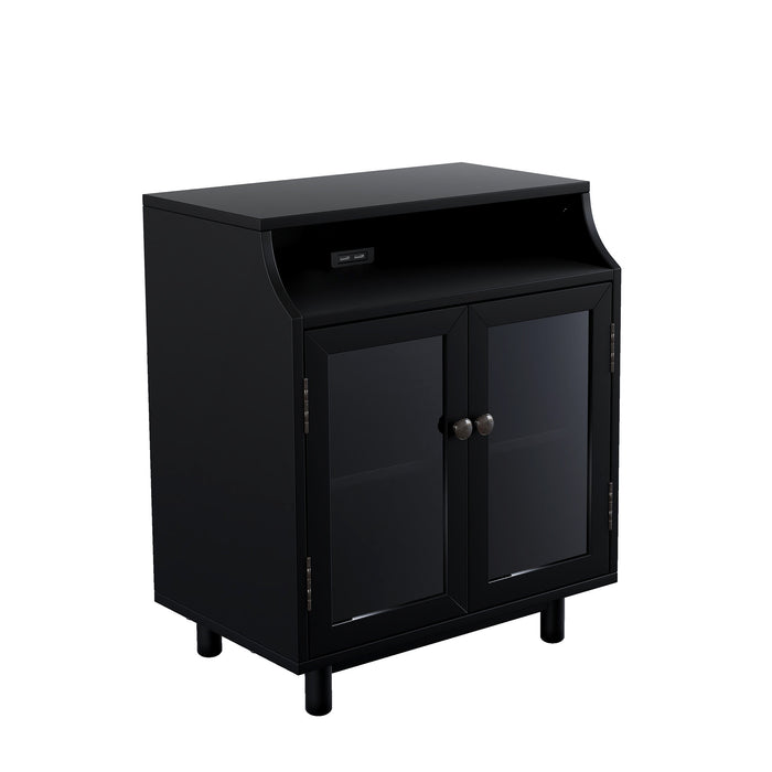 Nightstand with Storage Shelves and Cabinets for Living Room/Bedroom,Glass Door,USB Design,Black