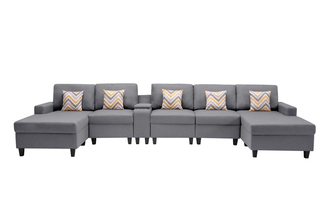 Nolan Gray Linen Fabric 6Pc Double Chaise Sectional Sofa with Interchangeable Legs, a USB, Charging Ports, Cupholders, Storage Console Table and Pillows | lowrysfurniturestore