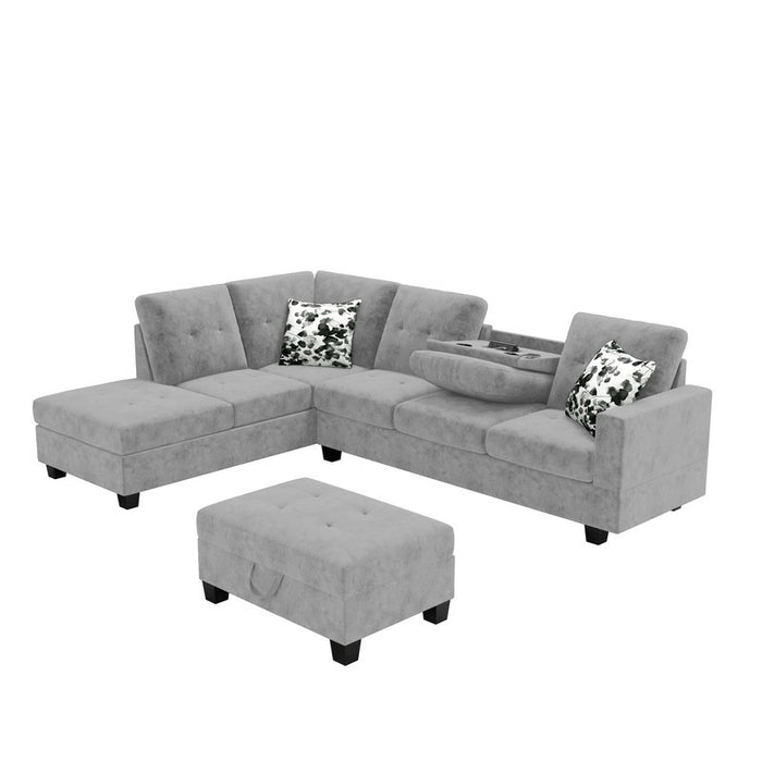 Remi Light Gray Velvet Reversible Sectional Sofa with Dropdown Table, Charging Ports, Cupholders, Storage Ottoman, and Pillows
