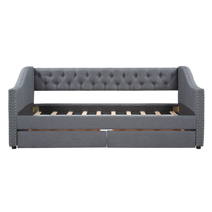 Twin Daybed Upholstered with Two Drawers Wood Slat Support, Gray | lowrysfurniturestore