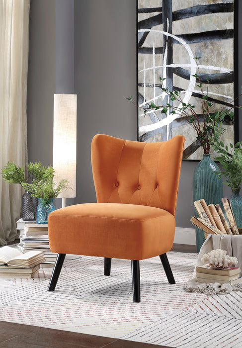 Unique Style Orange Velvet Covering Accent Chair Button-Tufted Back Brown Finish Wood Legs Modern Home Furniture | lowrysfurniturestore