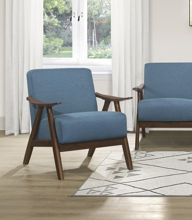 Modern Home Furniture Blue Fabric Upholstered 1pc Accent Chair Cushion Back and Seat Walnut Finish Solid Rubber Wood Furniture