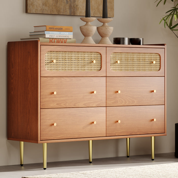 Dresser for Bedroom, Chest of Drawers, 6 Drawer Dresser, Floor Storage Drawer Cabinet for Home Office, Drawer chest of drawers rattan chest of drawers highboard with 6 drawers, walnut -H90/W120/D40 cm | lowrysfurniturestore