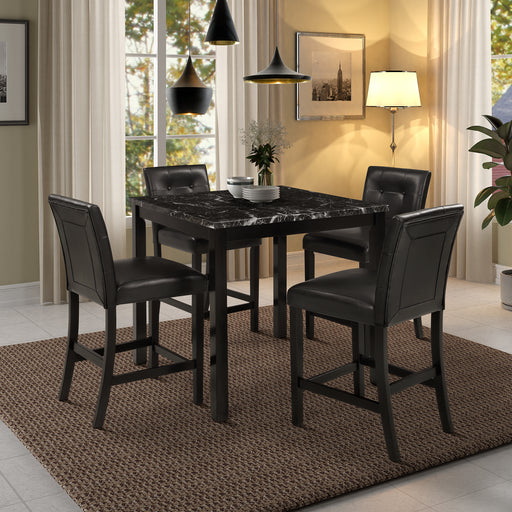 5-Piece Kitchen Table Set Faux Marble Top Counter Height Dining Table Set with 4 PU Leather-Upholstered Chairs (Black) | lowrysfurniturestore