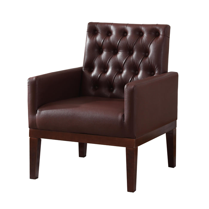PU Leather Accent Chair, Upholstered Lounge Sofa Armchair, Comfortable Armchair with Wooden Legs in Log Color, Modern Button Reading Chair for Bedroom Living Room, Dark Brown