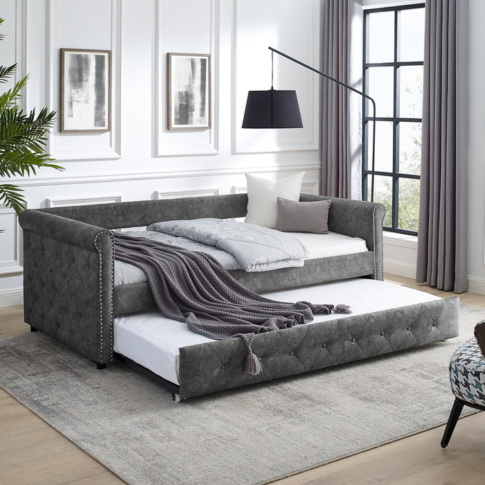 Twin Daybed with Trundle Upholstered Tufted Sofa Bed with Button and Copper Nail on Arms Gray | lowrysfurniturestore