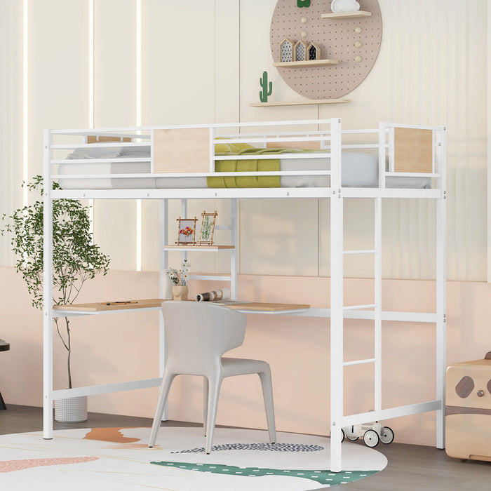 White Twin Metal Loft Bed with Desk and Shelf lowrysfurniturestore