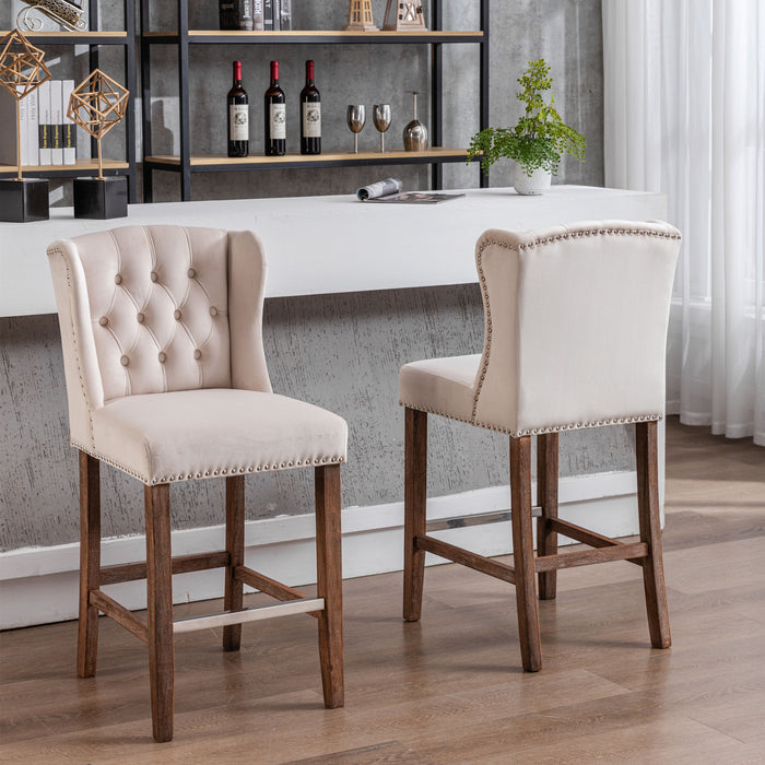 Counter Height Bar Stools, Upholstered 27" Seat Height Barstools, Wingback Breakfast Chairs with Nailhead-Trim & Tufted Back, Wood Legs, Set of 2(Beige) | lowrysfurniturestore