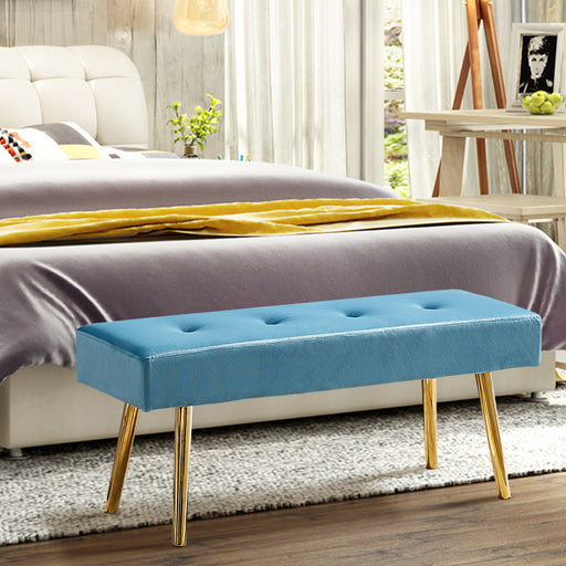 Long Bench Bedroom Bed End Stool Bed Benches Blue Tufted Velvet With Gold Legs | lowrysfurniturestore