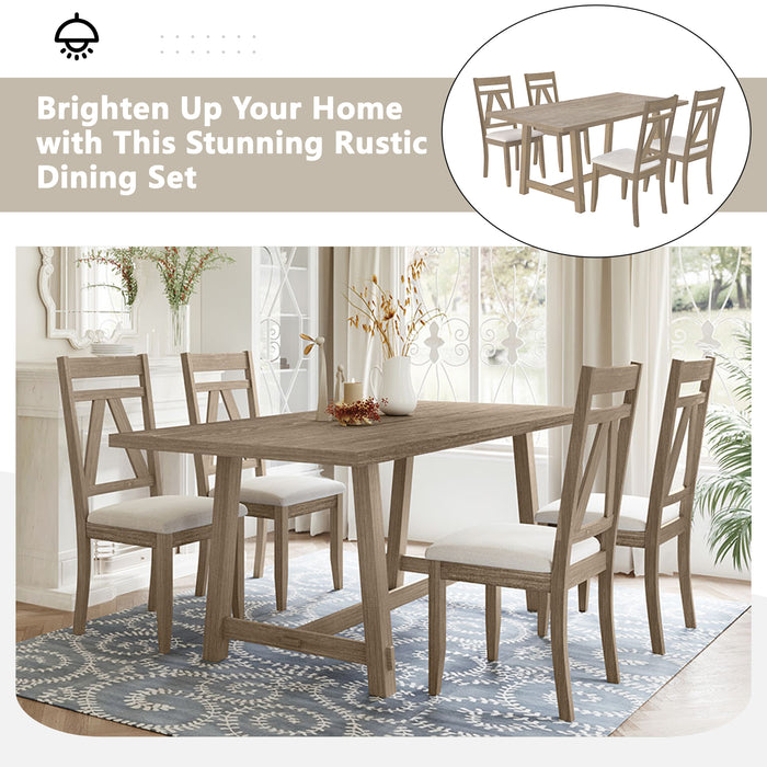 Rustic 5-Piece Large Wood Dining Table Set with 70inch Table and 4 Upholstered Dining Chairs,Brown