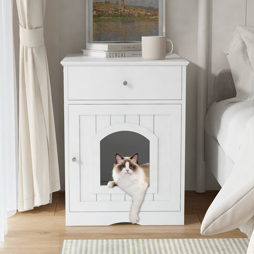 Wooden Pet House Cat Litter Box Enclosure with Drawer, Side Table, Indoor Pet Crate, Cat Home Nightstand (White) | lowrysfurniturestore