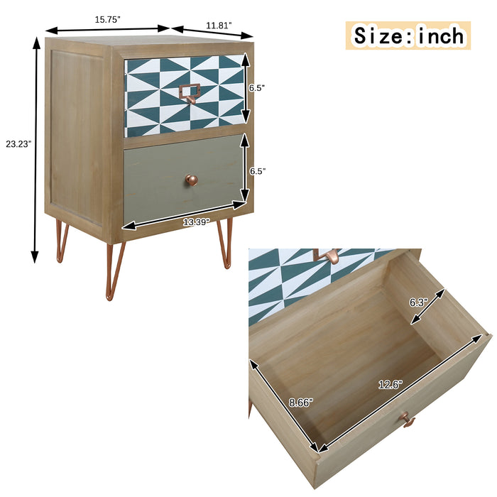 Wooden Nightstand with Two Drawer and Metal Feet Modern Style Bedside Table (Natural)
