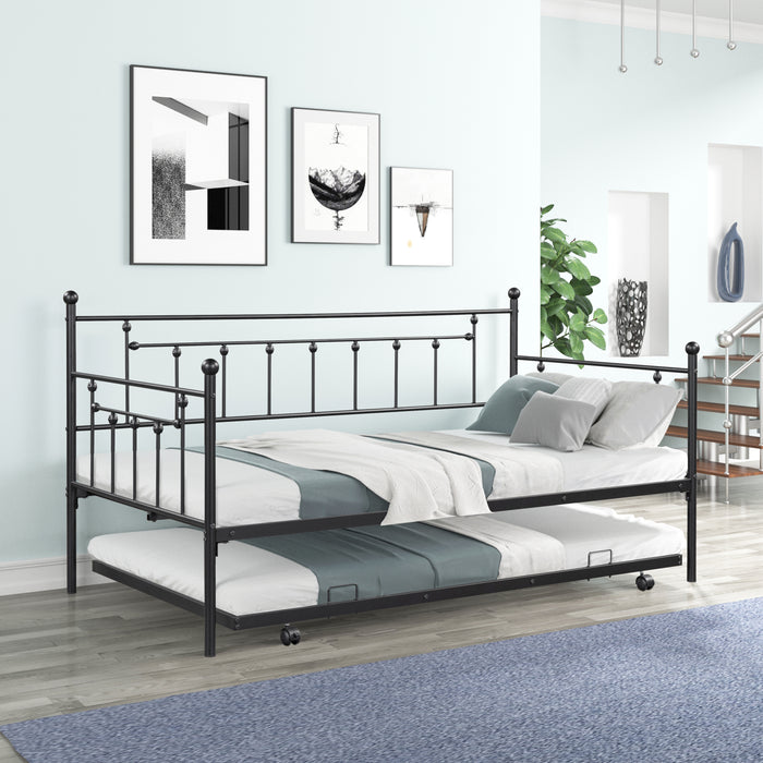 Twin Black Metal Daybed with Trundle Heavy-Duty Sturdy Metal Trundle for Flexible Space Vintage Style | lowrysfurniturestore