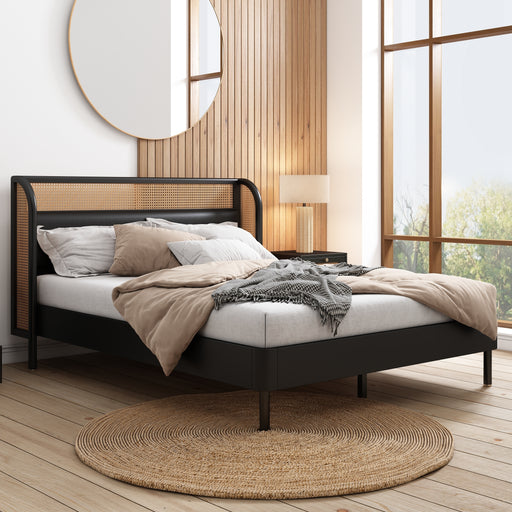 Queen Black Modern Rattan Wood Platform Queen Bed | lowrysfurniturestore
