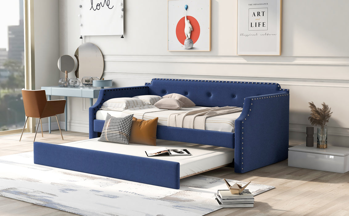 Upholstered Daybed with Trundle, Wood Slat Support,Upholstered Frame Sofa Bed , Twin,Blue