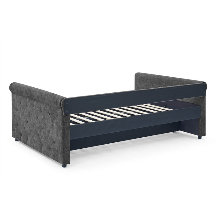 Daybed with Trundle Upholstered Tufted Sofa Bed, with Button and Copper Nail on Arms，Full Daybed & Twin Trundle, Grey（85.5“x57”x30.5“）