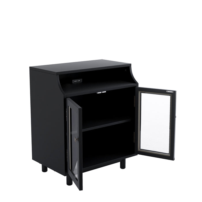 Nightstand with Storage Shelves and Cabinets for Living Room/Bedroom,Glass Door,USB Design,Black
