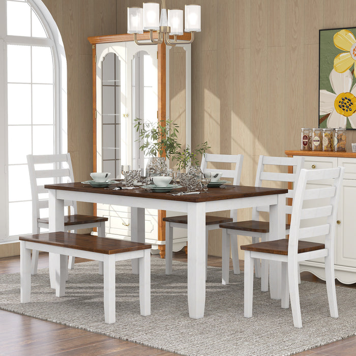Rustic Style 6-Piece Dining Room Table Set with 4 Ergonomic Designed Chairs & a Bench (Walnut + Cottage White)