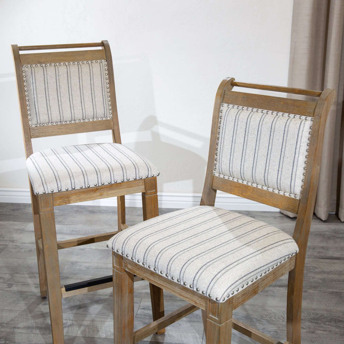 30" Bar Stool, Rustic Gray Finish, Gray Stripe Fabric Seat