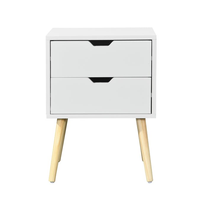 Side Table with 2 Drawer and Rubber Wood Legs, Mid-Century Modern Storage Cabinet for Bedroom Living Room Furniture, White | lowrysfurniturestore